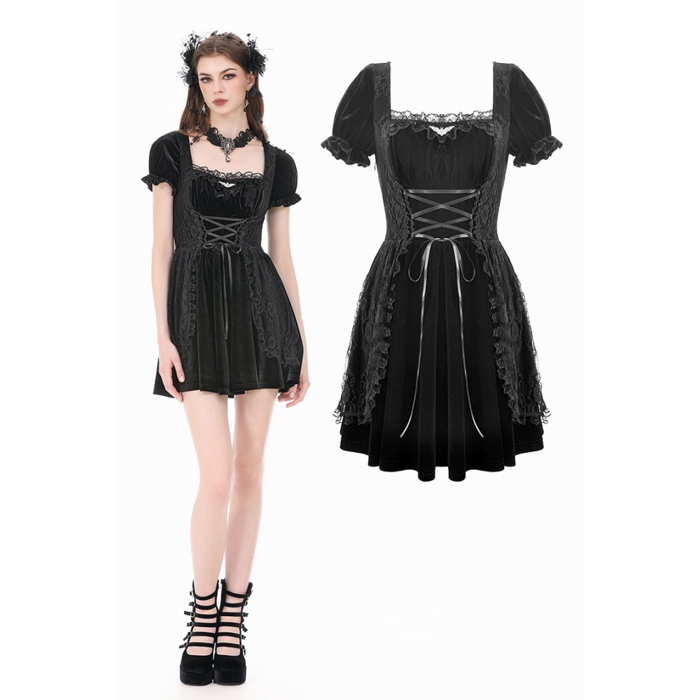 Dark in Love - Velvet Gown with Vintage Lace Patchwork, Bat Motif and Corset Laceup Detail Short dress - Black